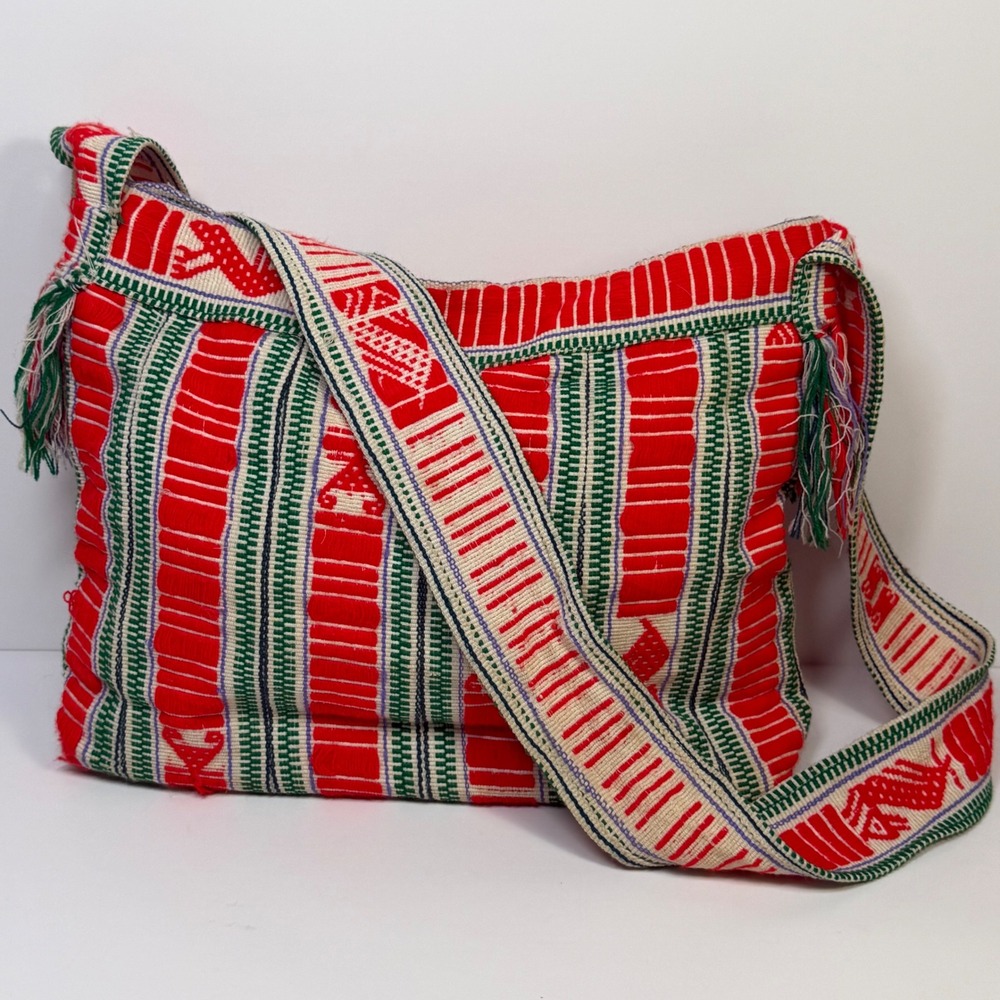 Handwoven Boho Crossbody Bag Red Green Geometric Bird Motif Tassels Festival